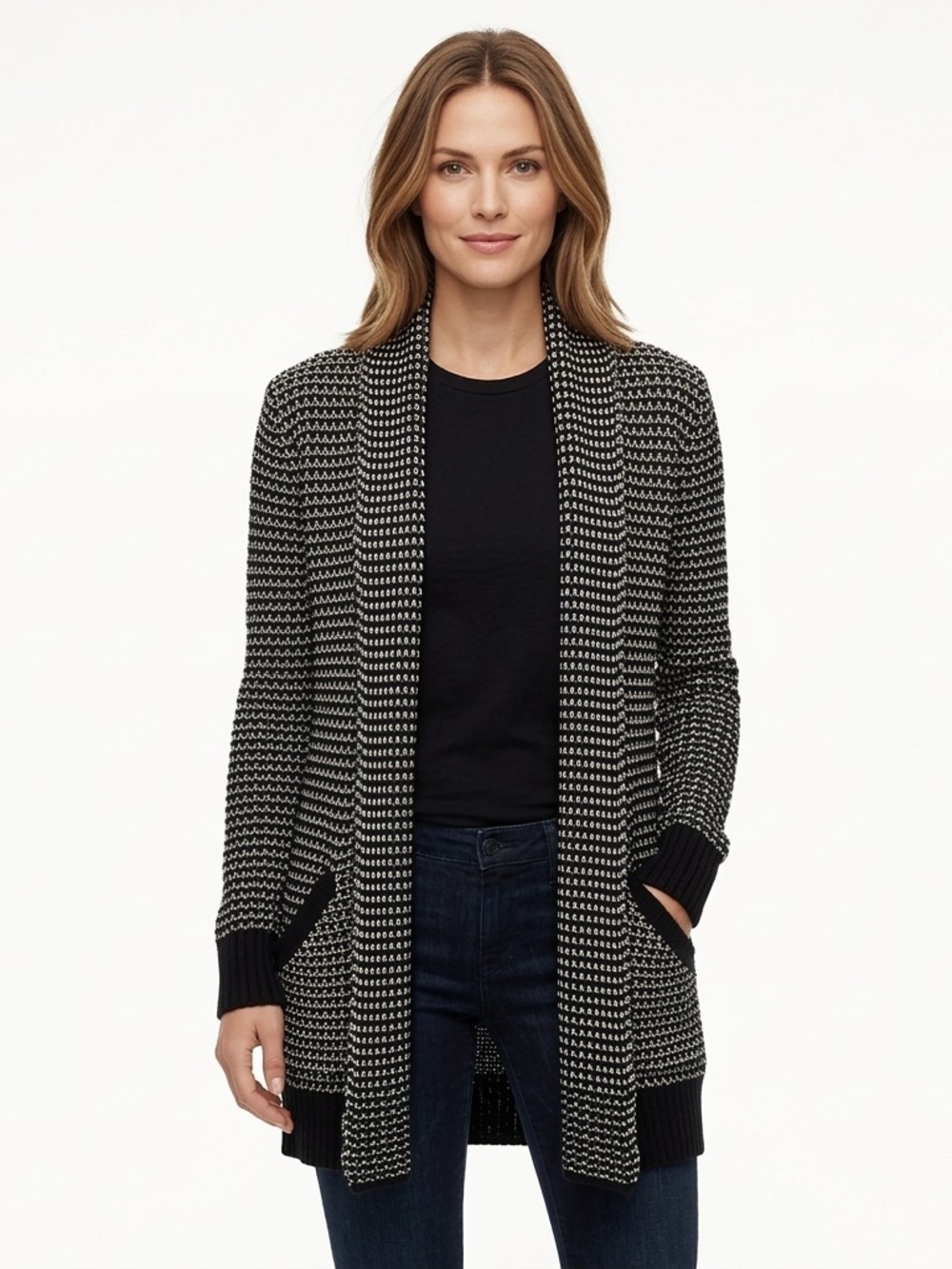 Wilfred Womens Silk Cashmere Knit Cardigan Black Ivory Shawl Collar M